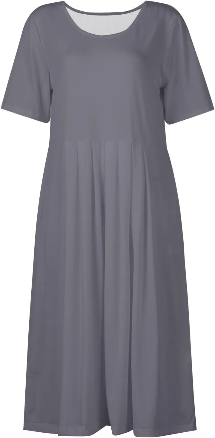 Women 2025 Summer Short Sleeve Midi Dress with Pockets Casual Aline Flowy Tshirt Dress Floral Vocation Beach Sundress