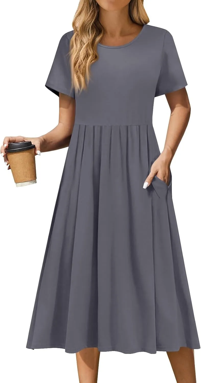 Women 2025 Summer Short Sleeve Midi Dress with Pockets Casual Aline Flowy Tshirt Dress Floral Vocation Beach Sundress