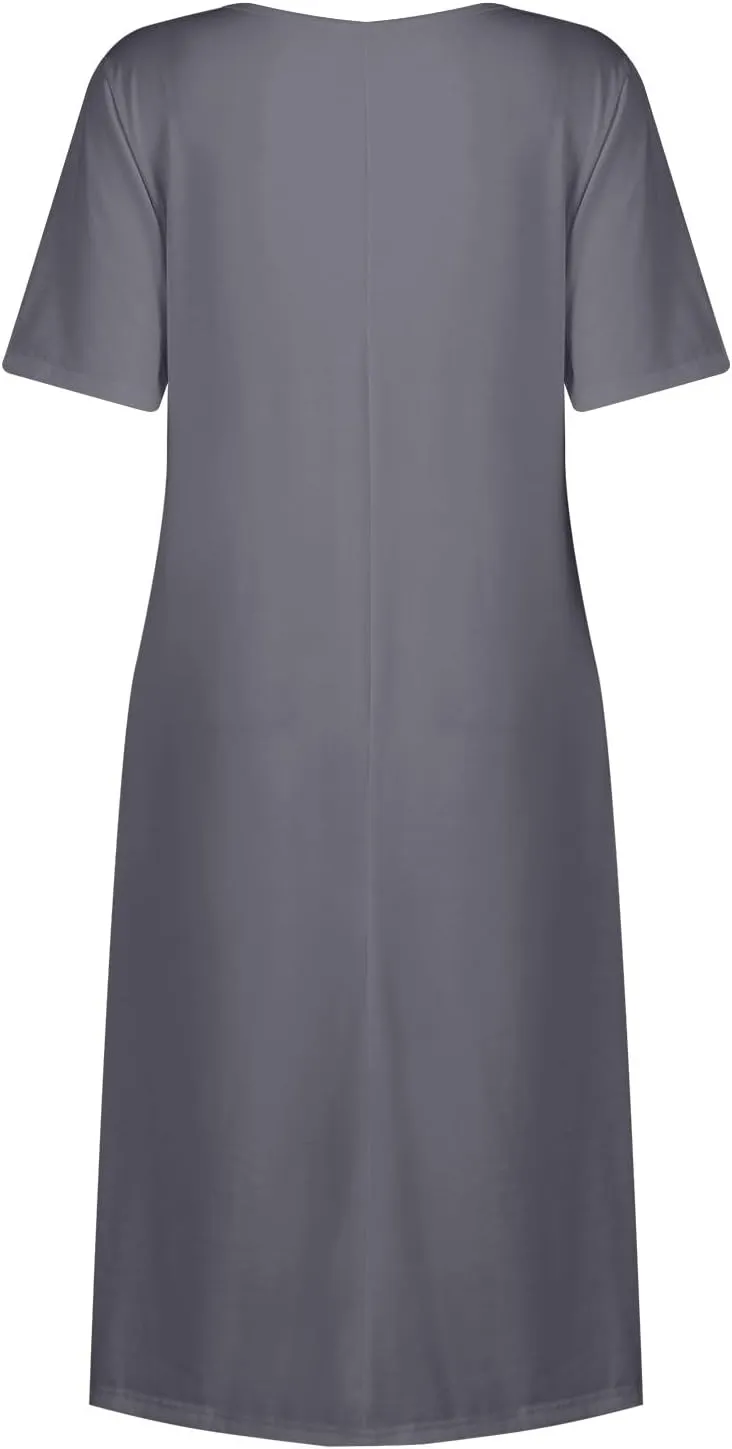 Women 2025 Summer Short Sleeve Midi Dress with Pockets Casual Aline Flowy Tshirt Dress Floral Vocation Beach Sundress