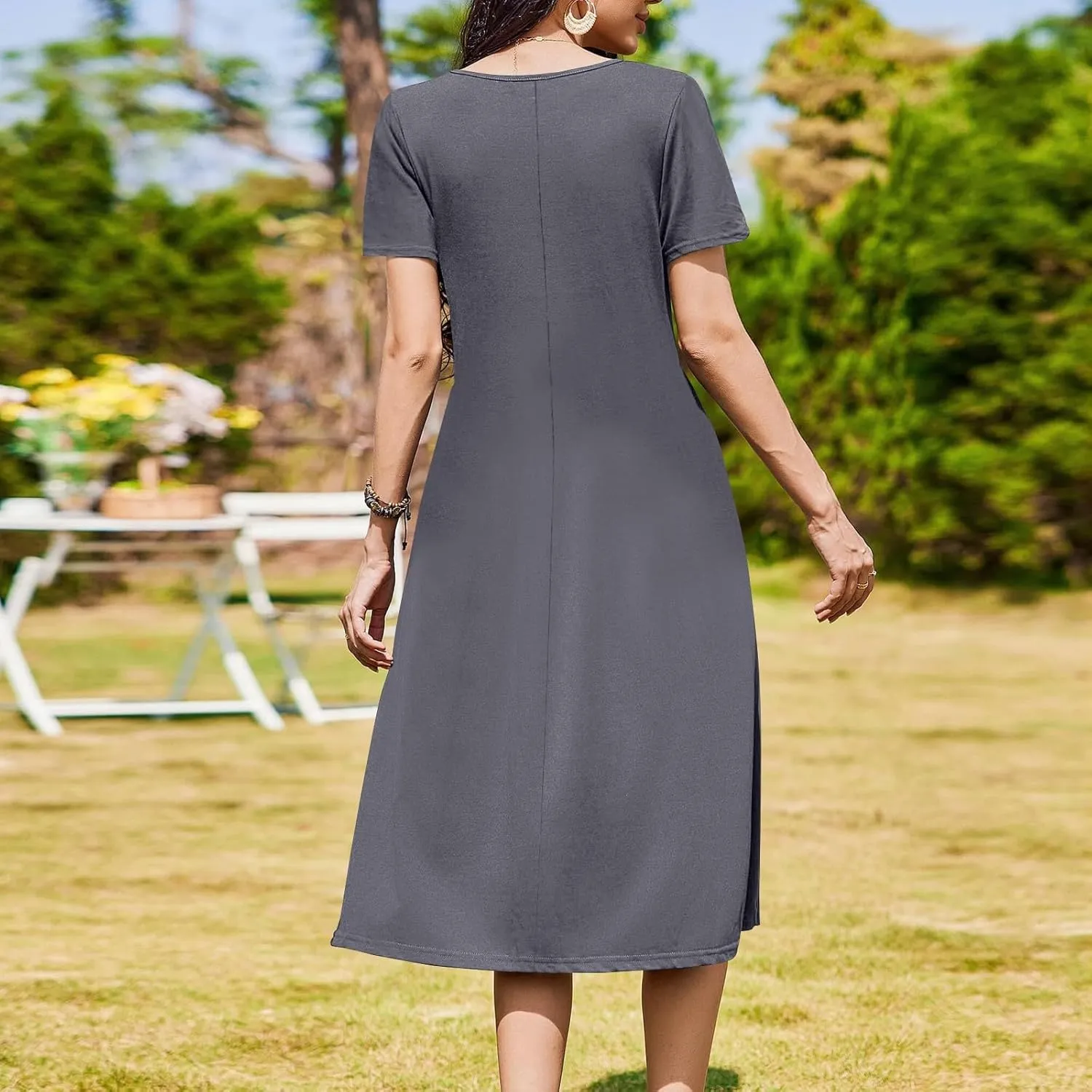 Women 2025 Summer Short Sleeve Midi Dress with Pockets Casual Aline Flowy Tshirt Dress Floral Vocation Beach Sundress