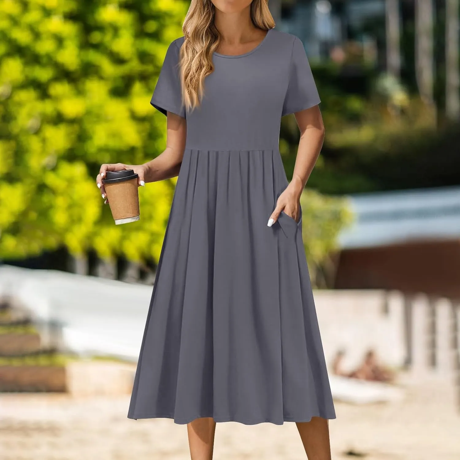 Women 2025 Summer Short Sleeve Midi Dress with Pockets Casual Aline Flowy Tshirt Dress Floral Vocation Beach Sundress