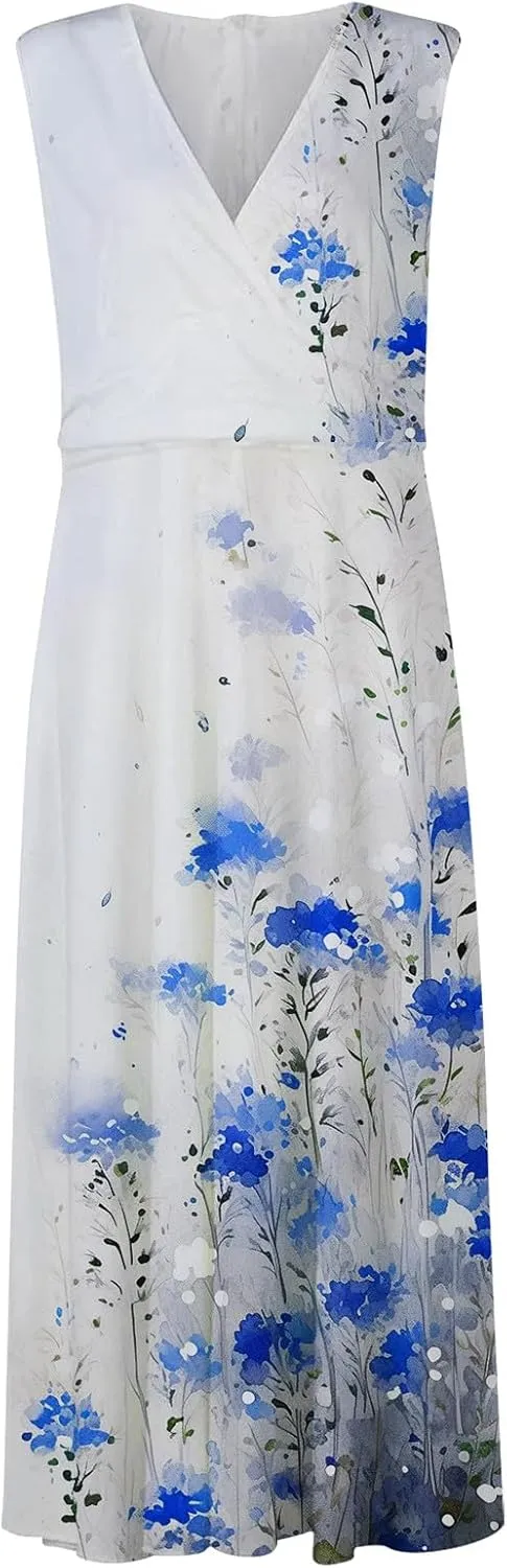 Women Floral Summer Casual Summer Sundress Sleeveless Halter Neck Spring Boho Floral Pocket Elastic Waist Ruffle Mini Dresses