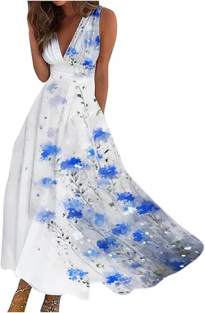 Women Floral Summer Casual Summer Sundress Sleeveless Halter Neck Spring Boho Floral Pocket Elastic Waist Ruffle Mini Dresses