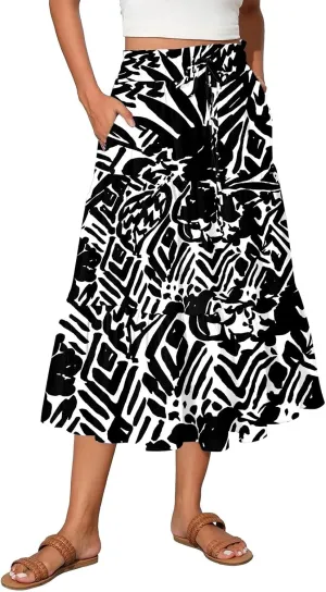 Women High Waisted Boho Floral Flowy Midi Skirt 2025 Trendy Summer Fall Casual Pleated A Line Cute Print Long Skirts