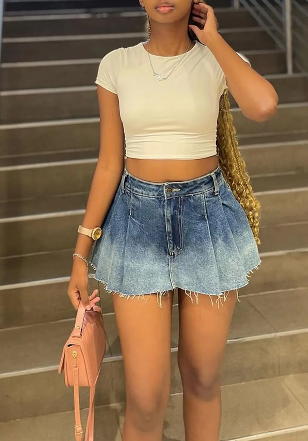 Women Pleated Jean Skirts High Waisted A Line Button Raw Hem Y2k Flare Denim Mini Skirt
