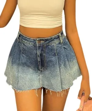 Women Pleated Jean Skirts High Waisted A Line Button Raw Hem Y2k Flare Denim Mini Skirt