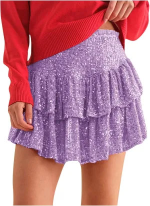 Women Sequin Skirt Sparkly Cute High Waist Ruffle Flowy Skirts Shiny Glitter Mini Short Skirts Night Out Club Party
