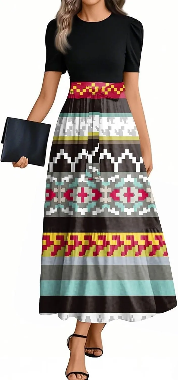 Women Summer 2025 Maxi Dress Vacation Floral Printed Belted Boho Casual Dresses Beach Long Flowy Vacation Sun Dress