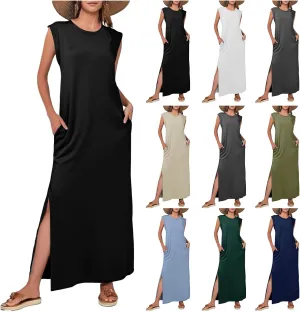 Women Summer Casual Dress Crew Neck Sleeveless Loose Split Long Maxi Beach Dress Travel Vacation Sundress with Pockets