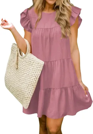 Women Summer Dress Casual Crew Neck Cap Sleeve Ruffle Tiered Babydoll Mini Dresses Solid Color Beach Party Sundress