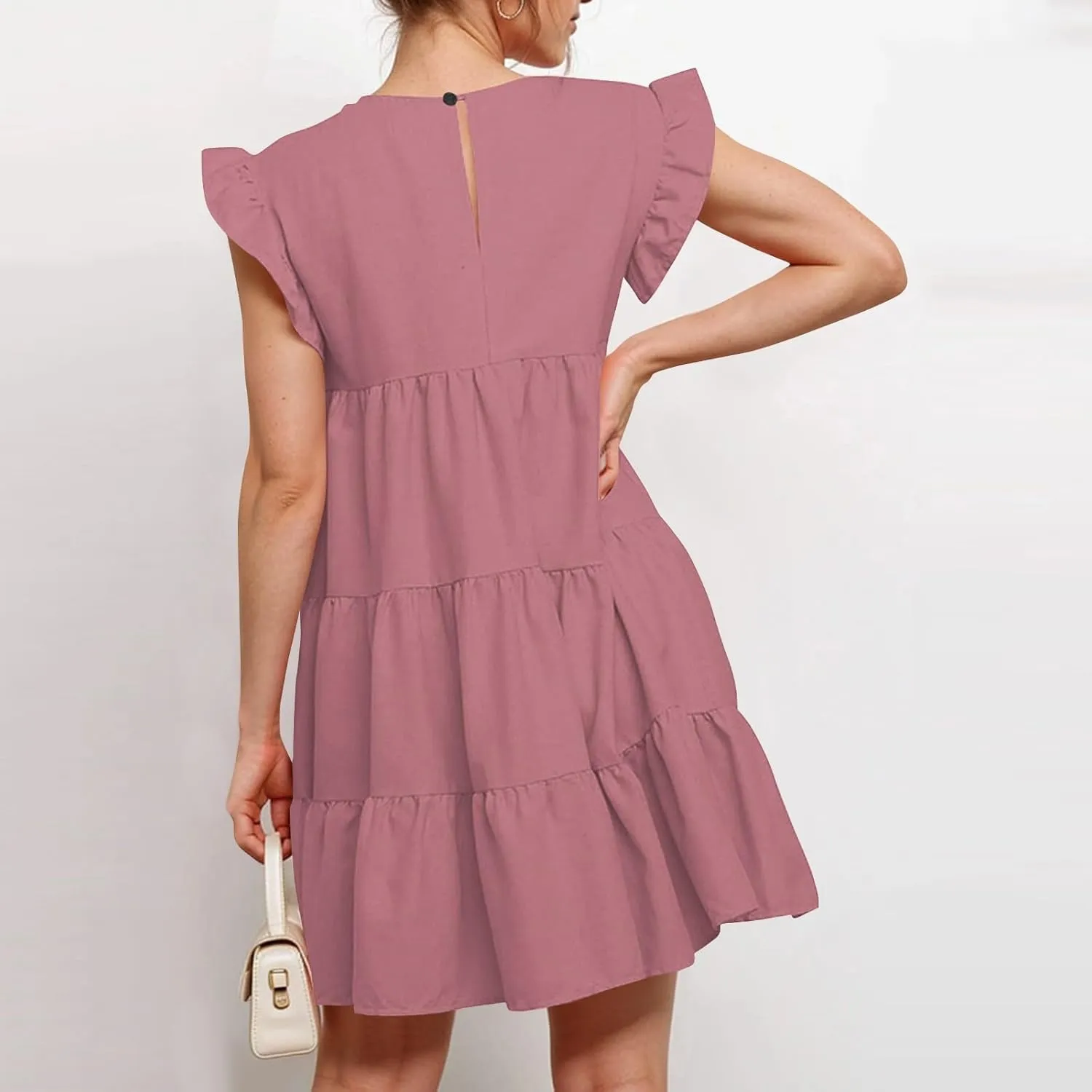 Women Summer Dress Casual Crew Neck Cap Sleeve Ruffle Tiered Babydoll Mini Dresses Solid Color Beach Party Sundress