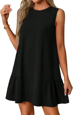Women Summer Dress Solid Color Casual Sleeveless Tank Dresses Ruffle Hem Crewneck Loose Mini Dress