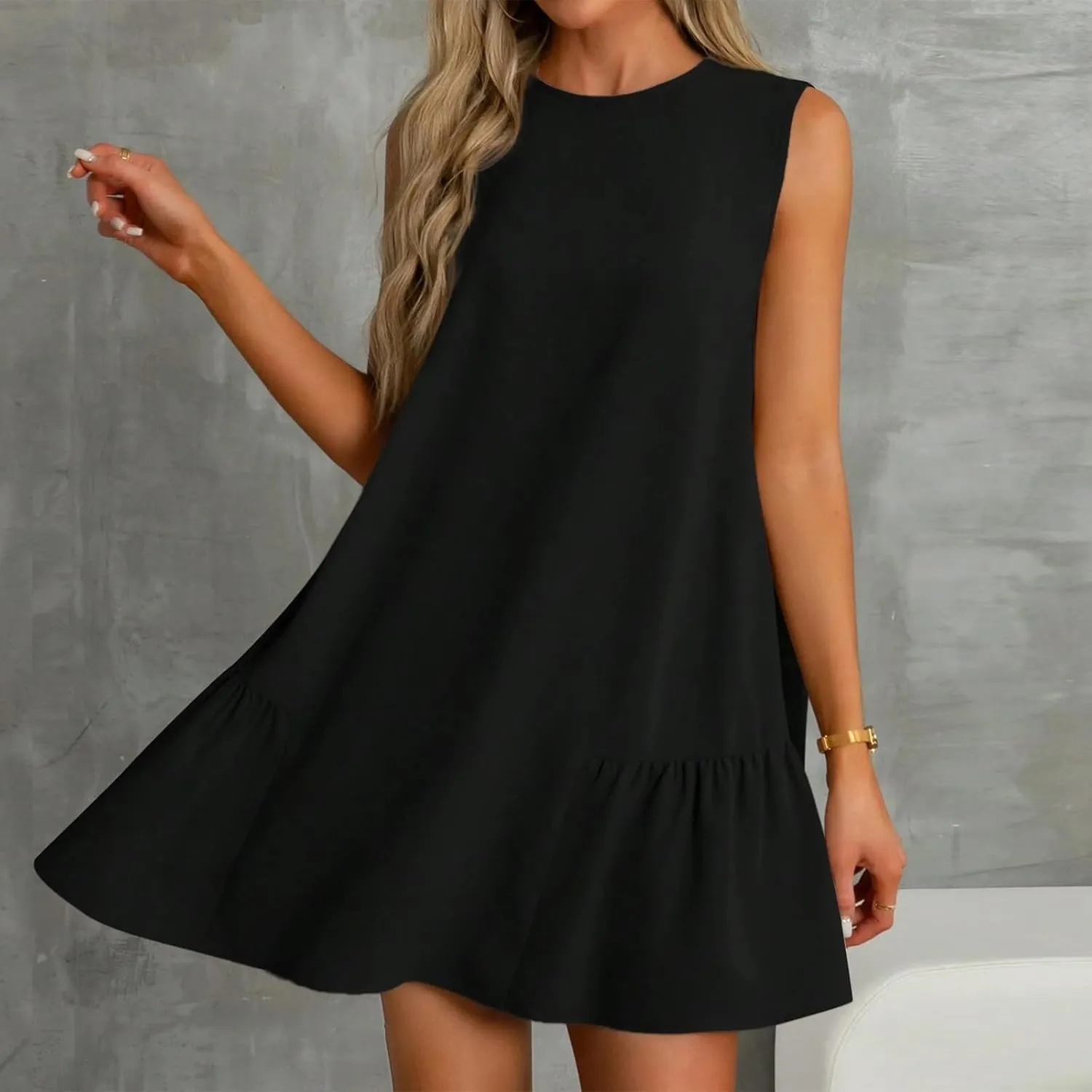 Women Summer Dress Solid Color Casual Sleeveless Tank Dresses Ruffle Hem Crewneck Loose Mini Dress
