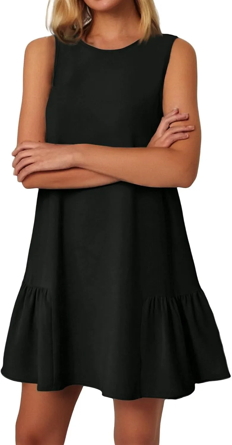 Women Summer Dress Solid Color Casual Sleeveless Tank Dresses Ruffle Hem Crewneck Loose Mini Dress