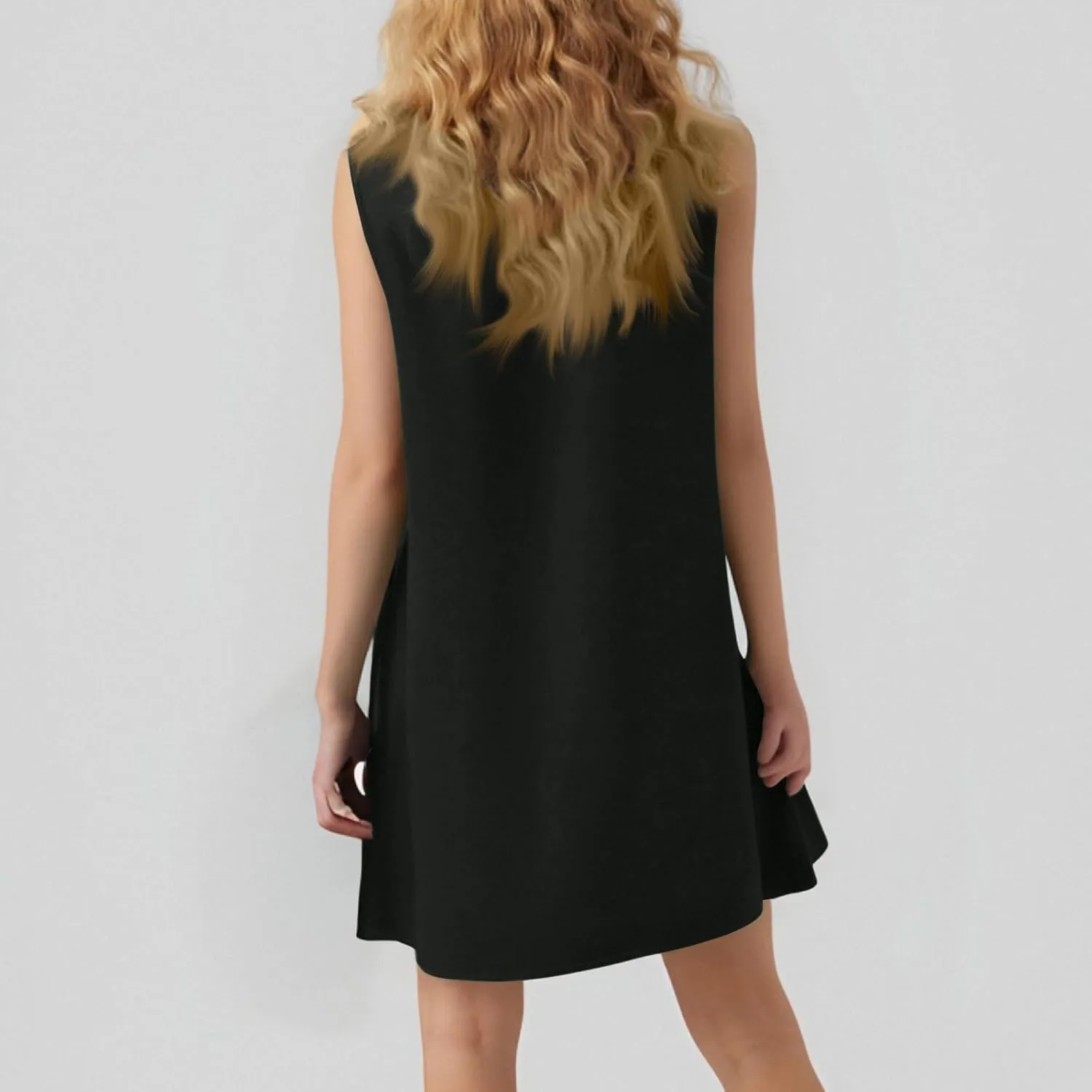 Women Summer Dress Solid Color Casual Sleeveless Tank Dresses Ruffle Hem Crewneck Loose Mini Dress
