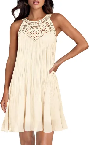 Women Summer Halter Dresses Chiffon Sleeveless Hollow Out A-Line Mini Dress Flowy Ruffle Beach Vacation Sundress
