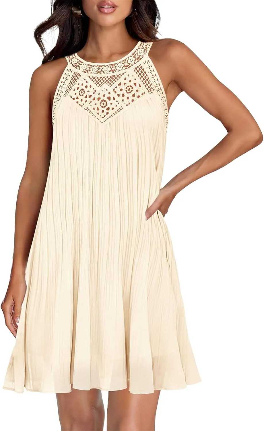 Women Summer Halter Dresses Chiffon Sleeveless Hollow Out A-Line Mini Dress Flowy Ruffle Beach Vacation Sundress