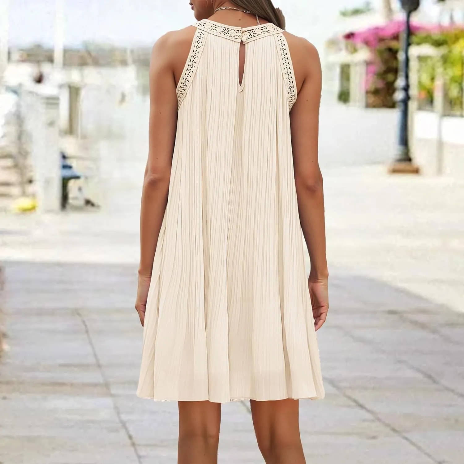 Women Summer Halter Dresses Chiffon Sleeveless Hollow Out A-Line Mini Dress Flowy Ruffle Beach Vacation Sundress
