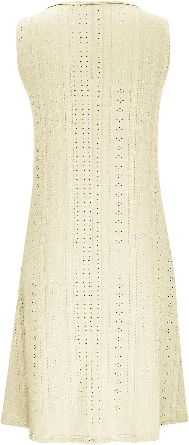 Women Sweetheart Embroidery Eyelet Tank Dress Solid Plunging Neckline Sleeveless Sundress Casual Vacation Beach Dress