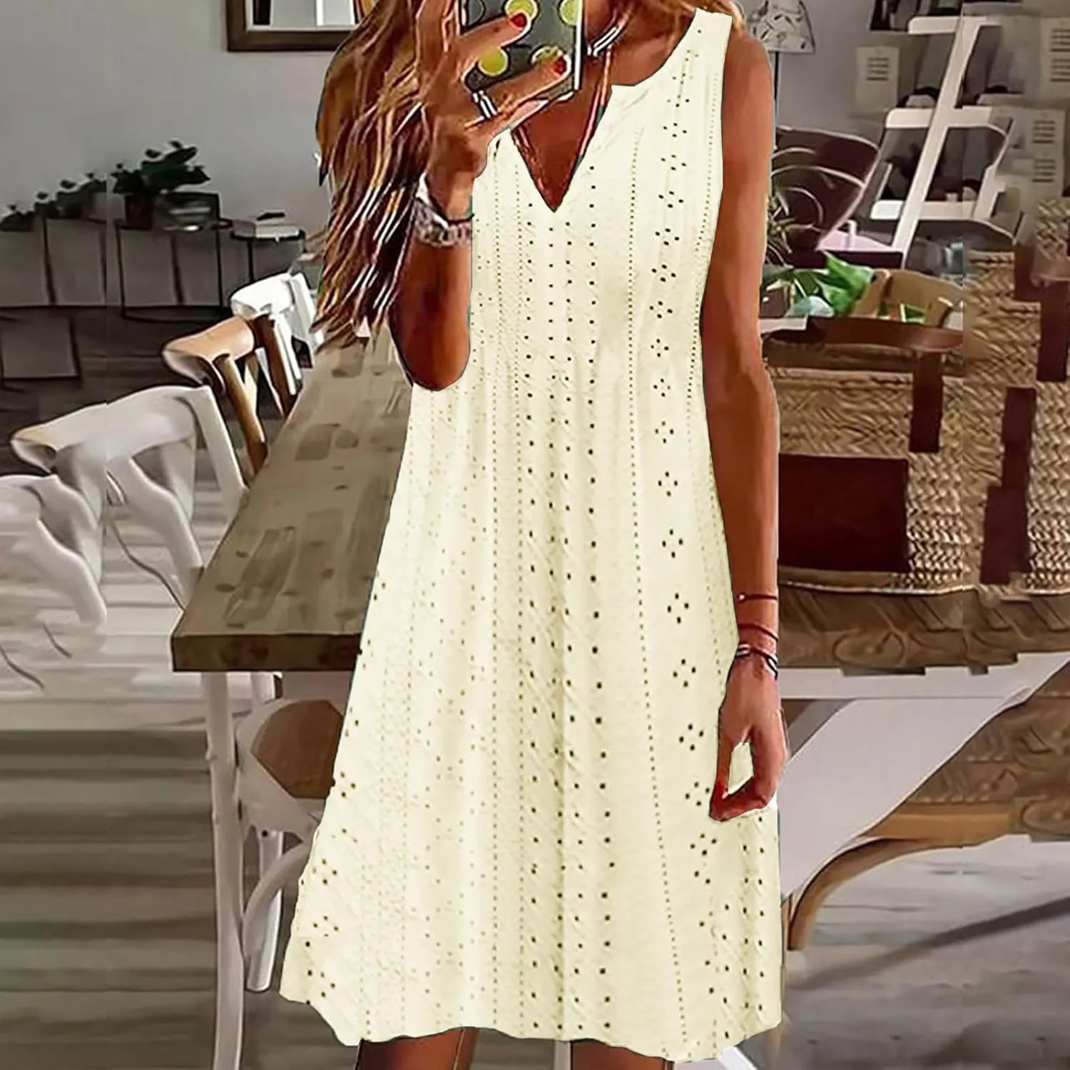 Women Sweetheart Embroidery Eyelet Tank Dress Solid Plunging Neckline Sleeveless Sundress Casual Vacation Beach Dress