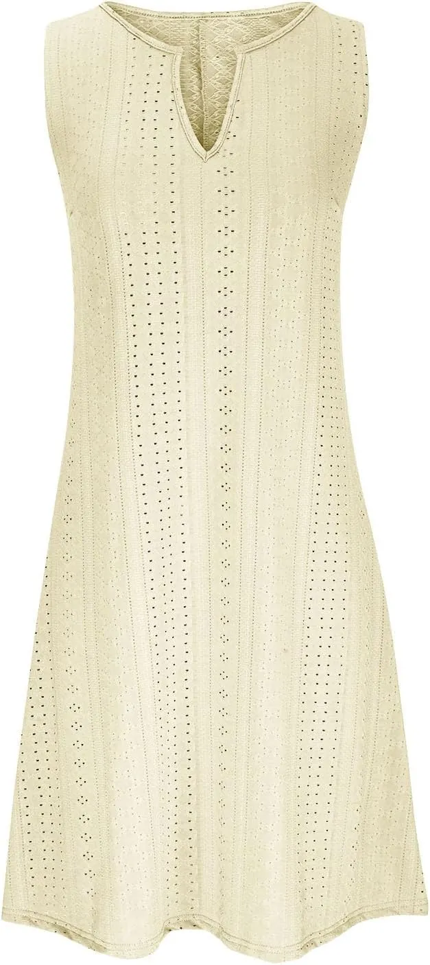Women Sweetheart Embroidery Eyelet Tank Dress Solid Plunging Neckline Sleeveless Sundress Casual Vacation Beach Dress