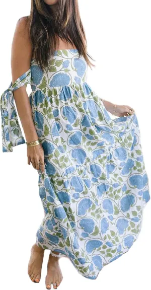 Women Tie Shoulder Maxi Dress Y2k Summer Floral Boho Long Dress Sleeveless Tiered Flowy Beach Sundress