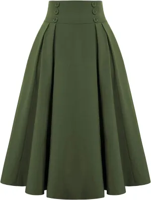 Women Vintage Skirt High Waist Pleated Button Skirts Midi A-Line Short Dress Fashion Casual Solid Swing Dresses
