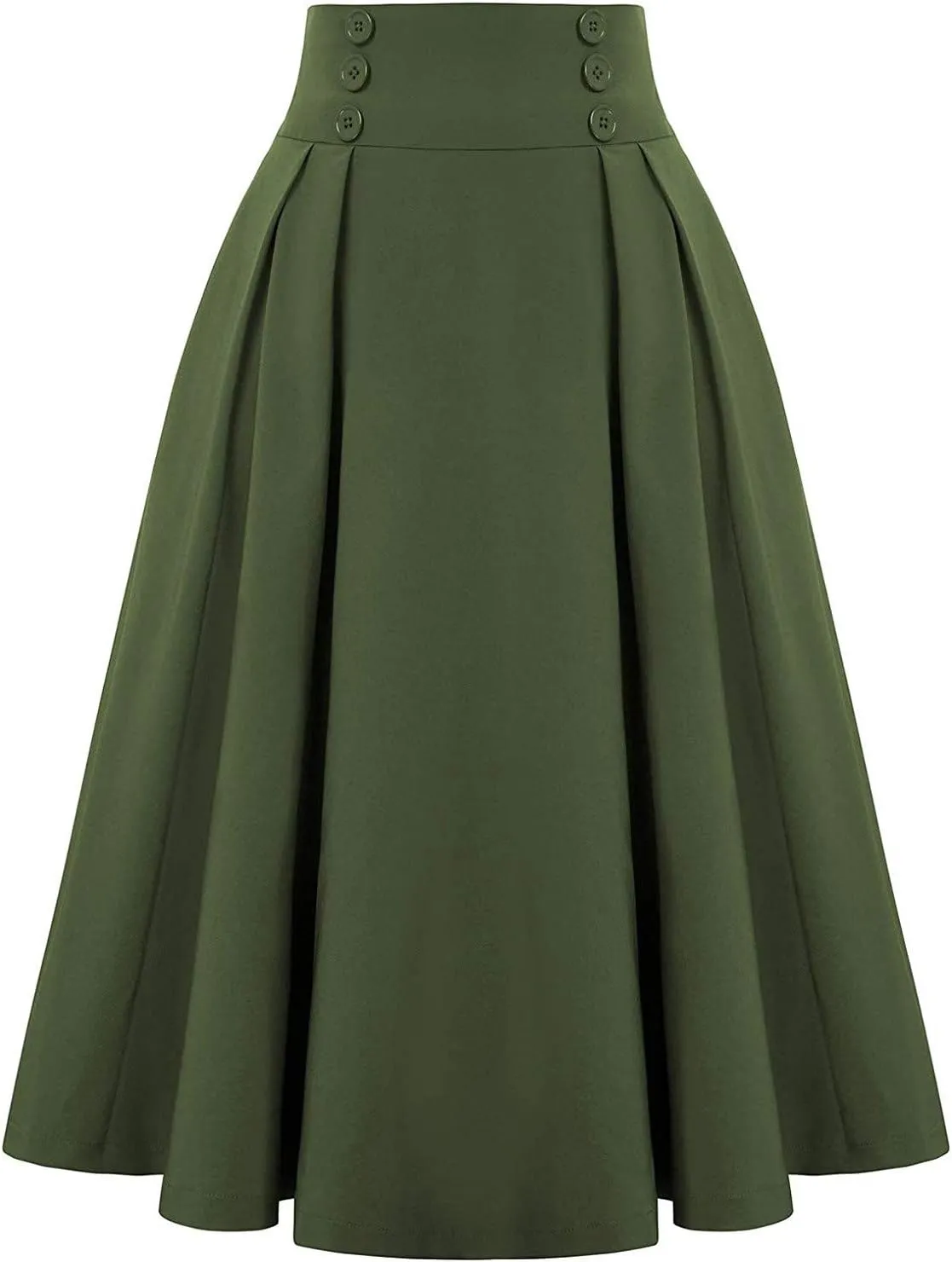 Women Vintage Skirt High Waist Pleated Button Skirts Midi A-Line Short Dress Fashion Casual Solid Swing Dresses
