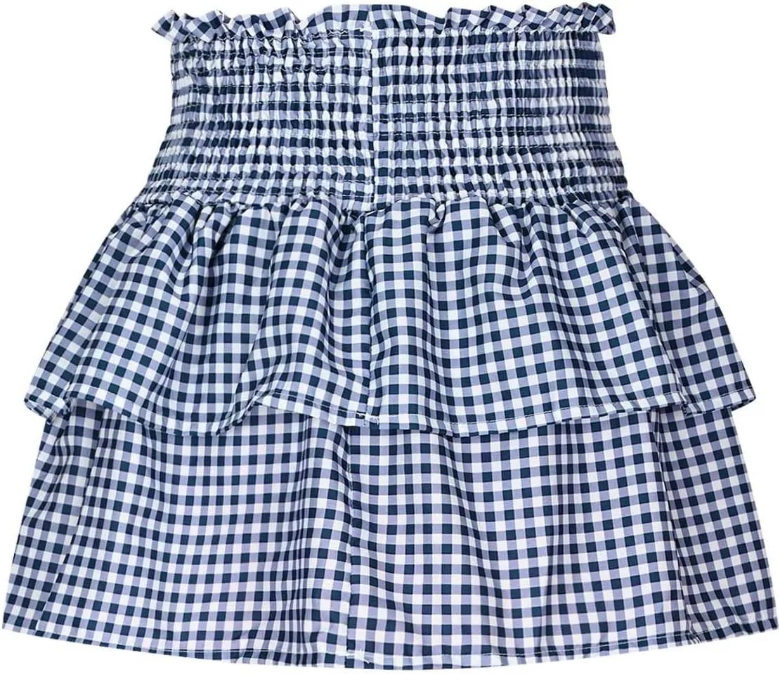 Women Y2k Plaid Mini Skirt Ruffle Layered Short Skirt Gingham A Line Skirt Cute Summer Smocked High Waist Skirts