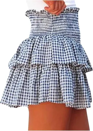 Women Y2k Plaid Mini Skirt Ruffle Layered Short Skirt Gingham A Line Skirt Cute Summer Smocked High Waist Skirts