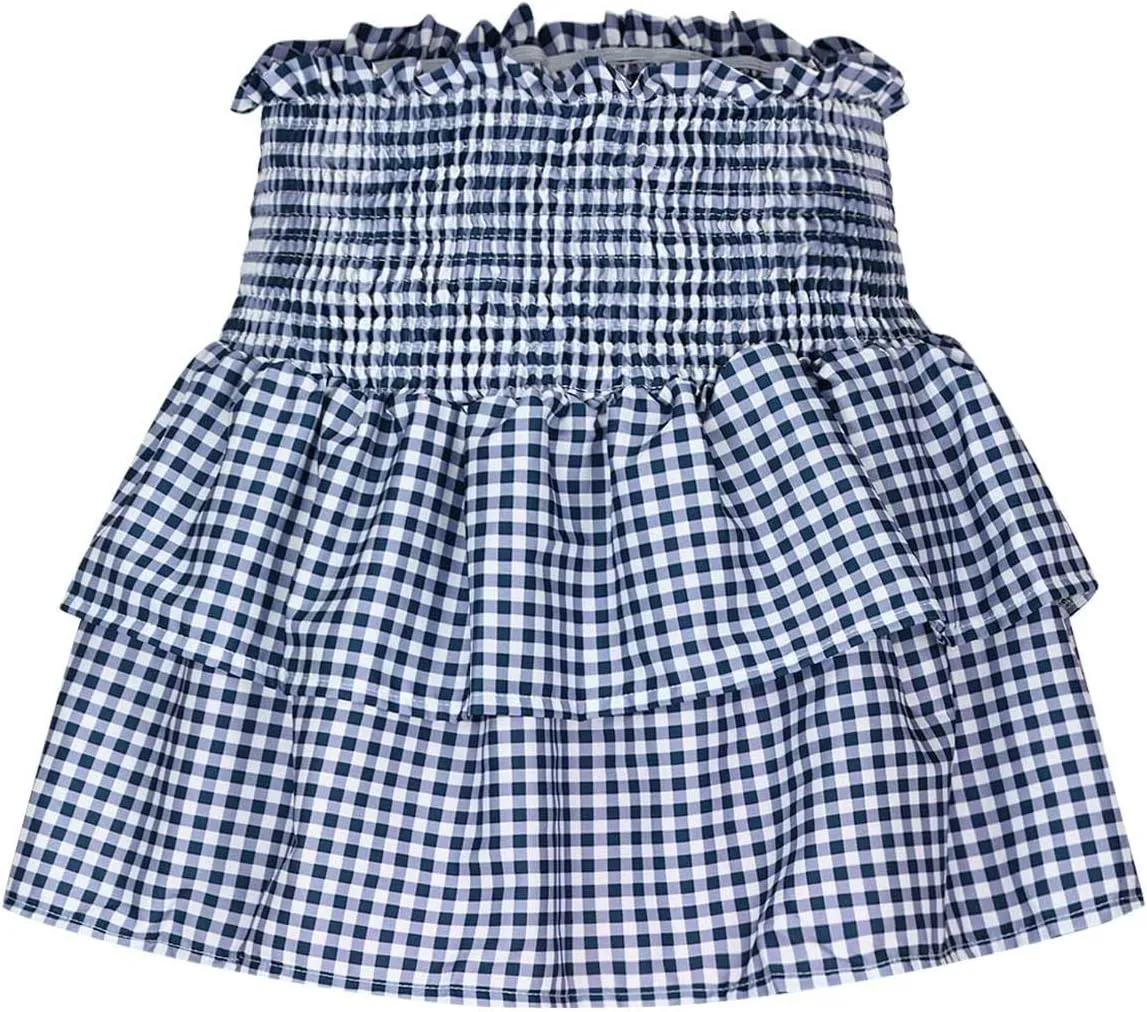 Women Y2k Plaid Mini Skirt Ruffle Layered Short Skirt Gingham A Line Skirt Cute Summer Smocked High Waist Skirts