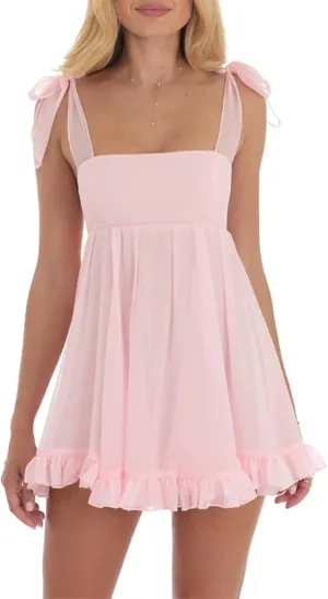 Women Y2k Tulle Babydoll Mini Dress Tie Shoulder Sleeveless Ruffled A-Line Flowy Short Dress Beach Streetwear