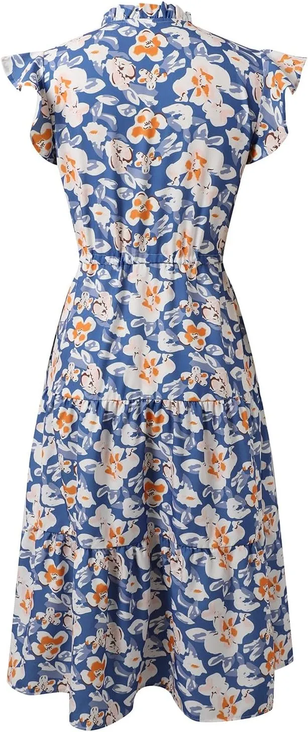 Women's 2025 Summer Floral Boho Dress V Neck Ruffle Sleeve Drawstring Flowy Tiered Midi Beach Dress with Pockets