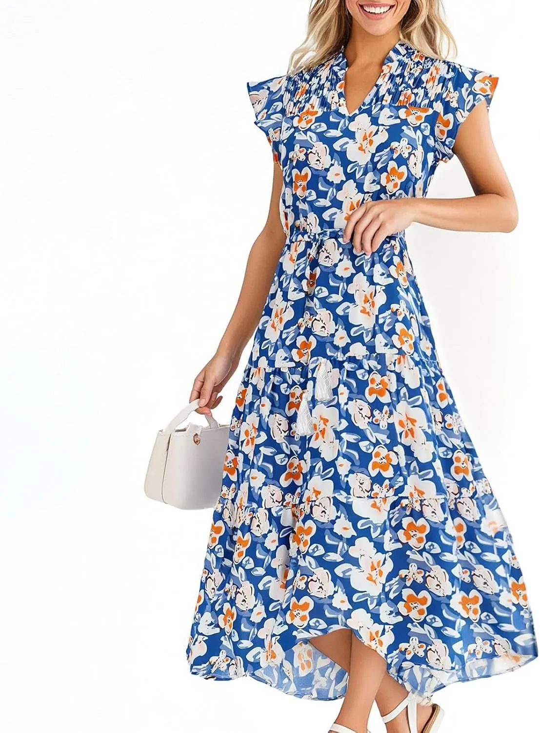 Women's 2025 Summer Floral Boho Dress V Neck Ruffle Sleeve Drawstring Flowy Tiered Midi Beach Dress with Pockets