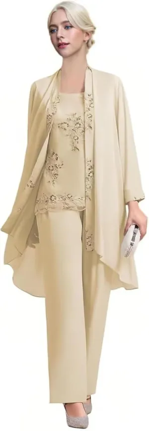Women's 3 pcs Mother of The Bride Pant Suits Dressy Casual Long Sleeve Pantsuit for Wedding Guest