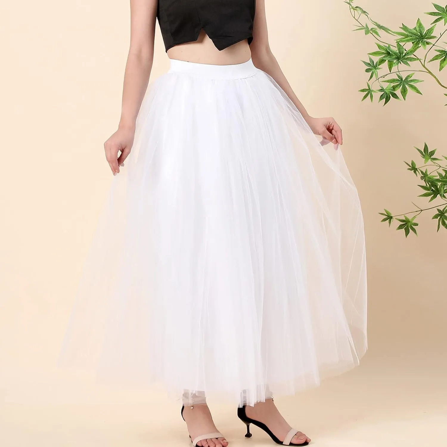 Women's A-Line High Waisted Midi Skirt Womens Long Tulle Skirt Pleated A Line Skirt High Waist Elastic Trendy
