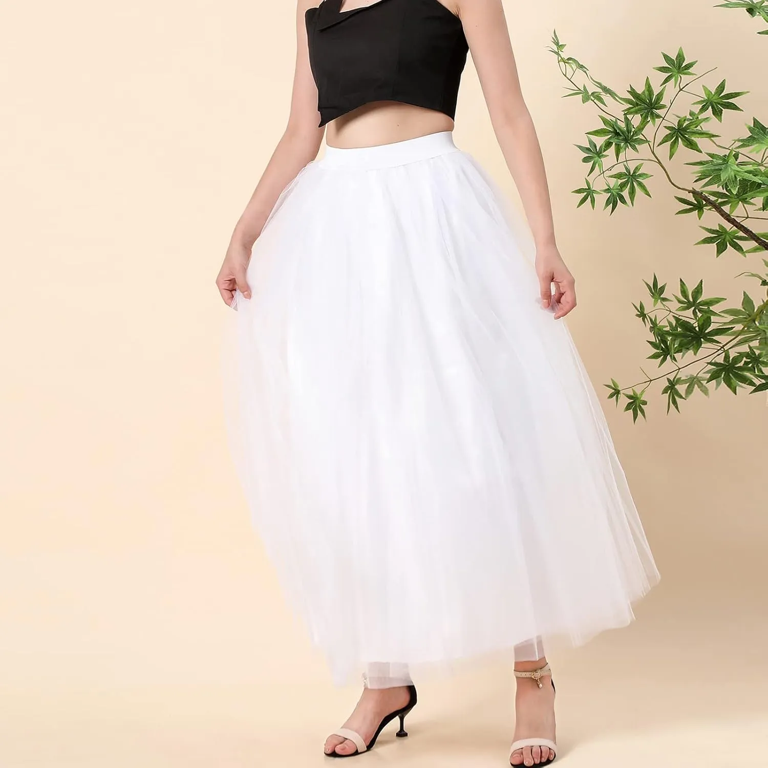 Women's A-Line High Waisted Midi Skirt Womens Long Tulle Skirt Pleated A Line Skirt High Waist Elastic Trendy