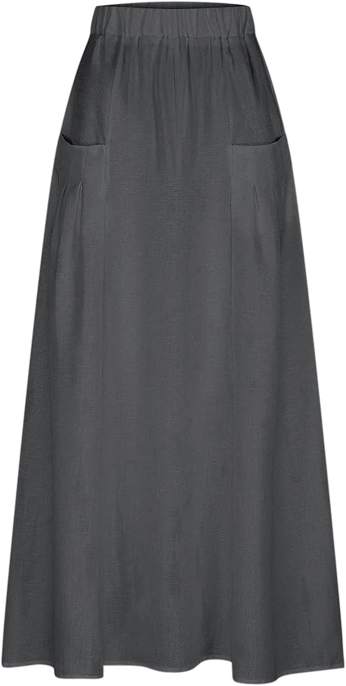Women's Bohemian Skirts Solid Plus Size Loose Comfy Skirt Casual Dress Skirts High Waist Long Skirt with Pockets