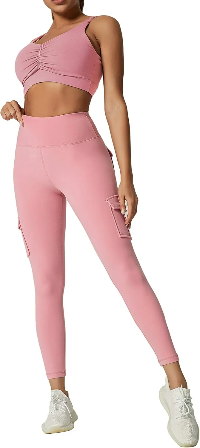 Women's Cargo Yoga Leggings with 4 Pockets High Waisted Tummy Control Stretch Workout Pants Gym Tights