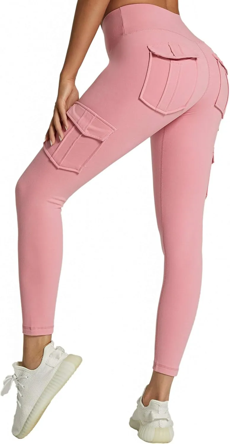 Women's Cargo Yoga Leggings with 4 Pockets High Waisted Tummy Control Stretch Workout Pants Gym Tights