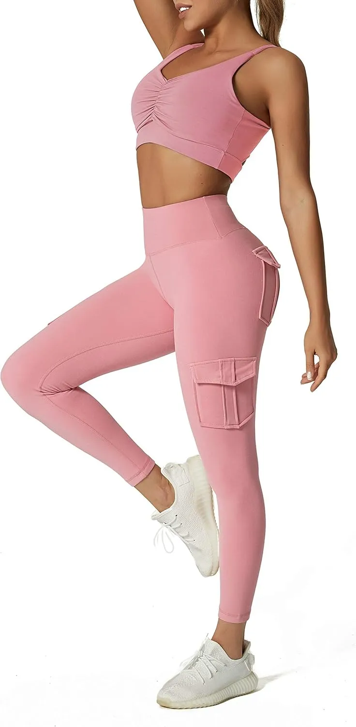 Women's Cargo Yoga Leggings with 4 Pockets High Waisted Tummy Control Stretch Workout Pants Gym Tights