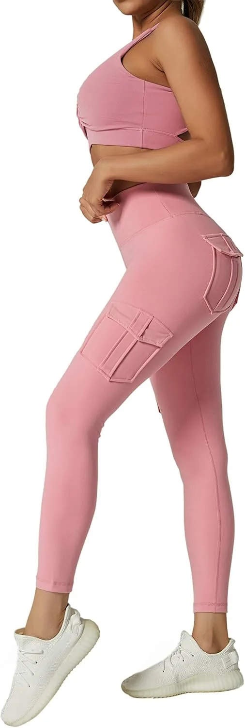 Women's Cargo Yoga Leggings with 4 Pockets High Waisted Tummy Control Stretch Workout Pants Gym Tights