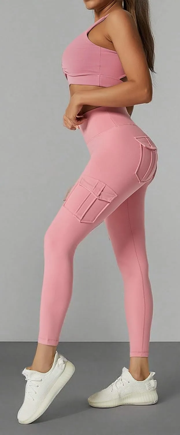 Women's Cargo Yoga Leggings with 4 Pockets High Waisted Tummy Control Stretch Workout Pants Gym Tights
