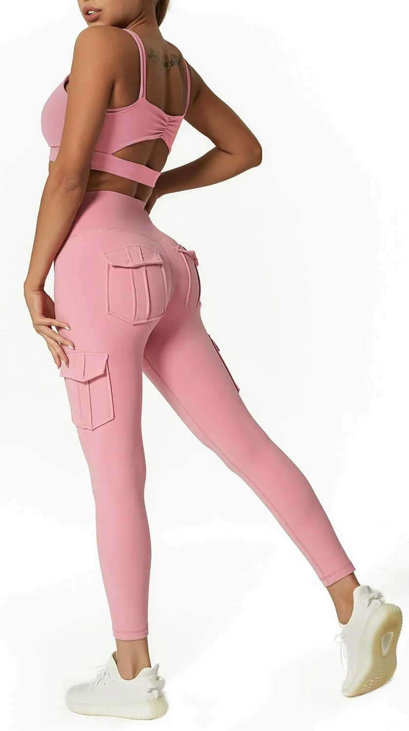 Women's Cargo Yoga Leggings with 4 Pockets High Waisted Tummy Control Stretch Workout Pants Gym Tights