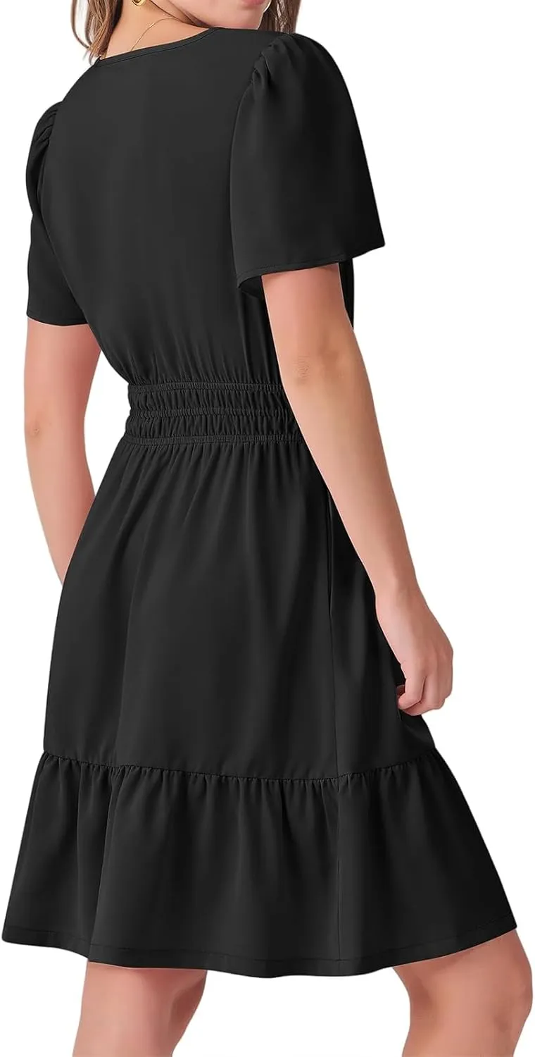 Women's Casual Dresses V Neck Short Sleeve Dress Summer High Waist Ruffle Mini Dresses A-Line Boho Vacation Dress