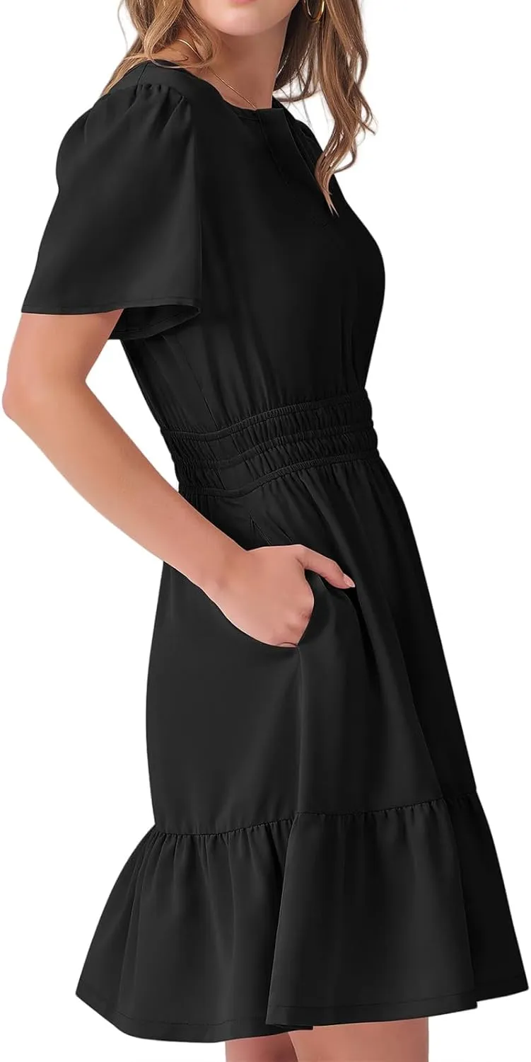 Women's Casual Dresses V Neck Short Sleeve Dress Summer High Waist Ruffle Mini Dresses A-Line Boho Vacation Dress