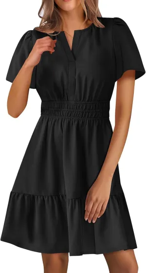 Women's Casual Dresses V Neck Short Sleeve Dress Summer High Waist Ruffle Mini Dresses A-Line Boho Vacation Dress