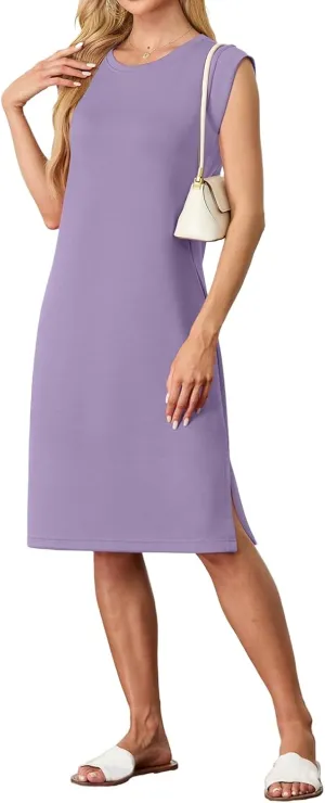 Women's Casual Midi Dresses Crewneck Sleeveless Dress Summer Loose Swing Split Wrinkle-Free Dress with Pockets