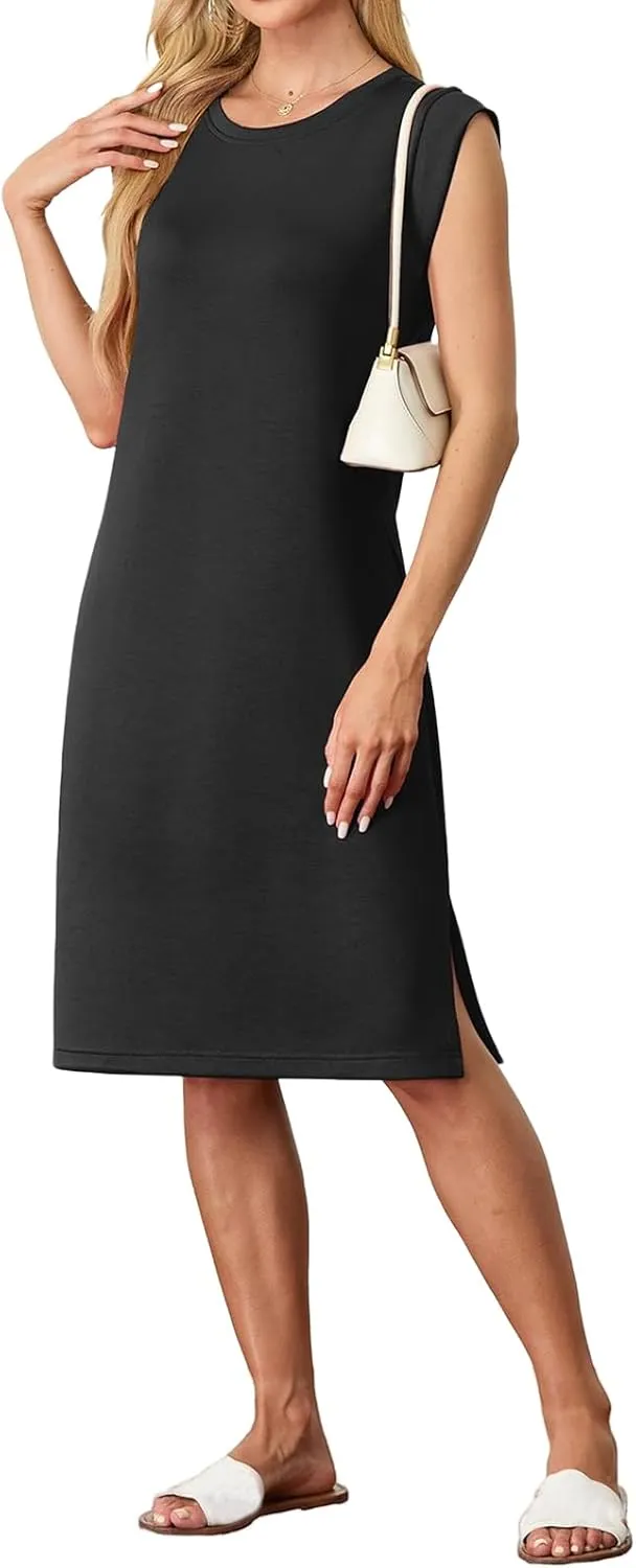 Women's Casual Midi Dresses Crewneck Sleeveless Dress Summer Loose Swing Split Wrinkle-Free Dress with Pockets