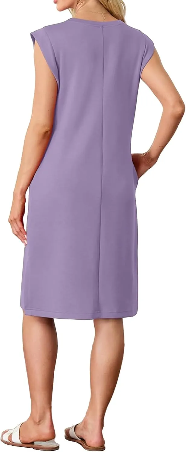 Women's Casual Midi Dresses Crewneck Sleeveless Dress Summer Loose Swing Split Wrinkle-Free Dress with Pockets